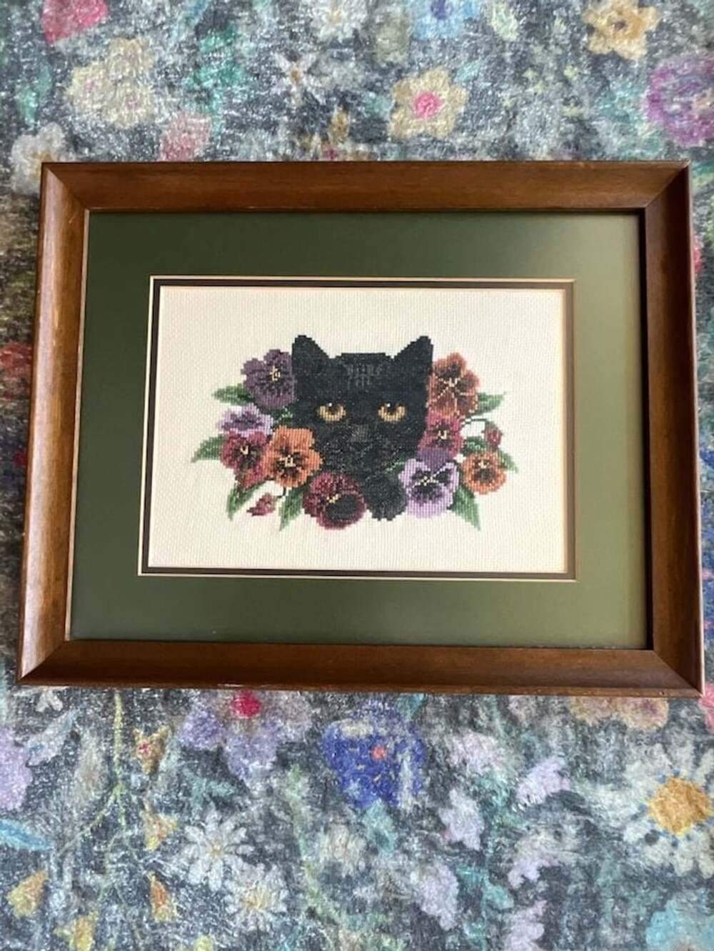 Framed Counted Cross Stitch Black Cat with Floral Pansies Art